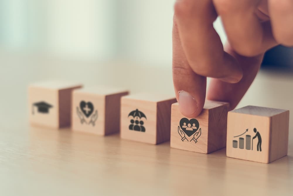 Employee benefits concept showcasing various fringe benefits like insurance, paid vacation, and office perks, designed to attract and retain employees.