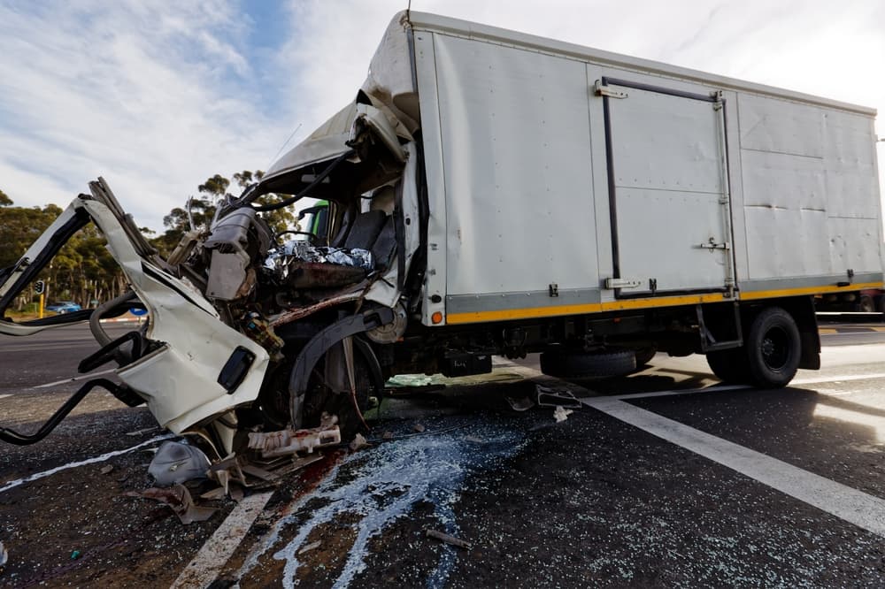 Serious collision between two lorries at a traffic light in Worcester, Breede River Valley, Western Cape, South Africa.