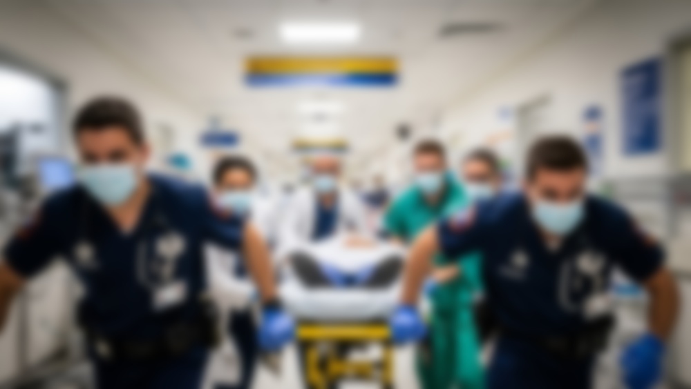 Medical team bringing patient into emergency department in an out-of-focus image